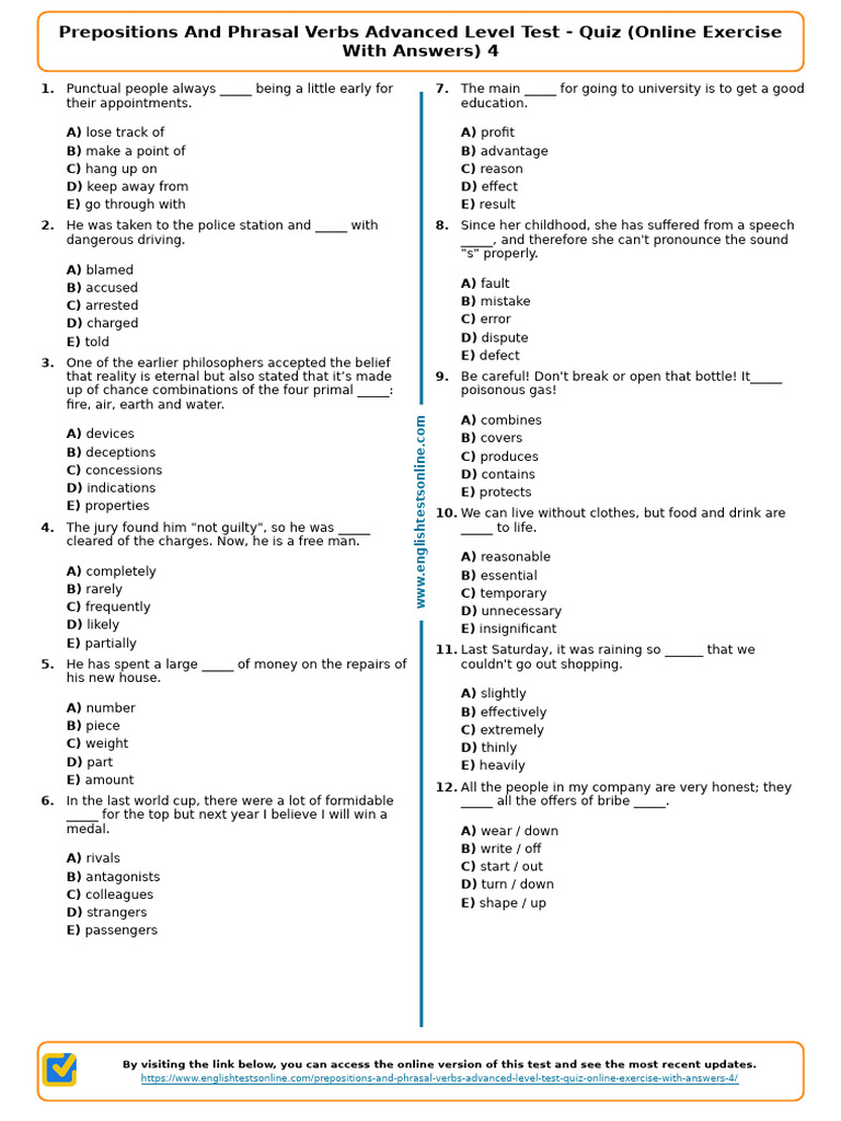 Advanced Prepositions and Phrasal Verbs Quiz | PDF
