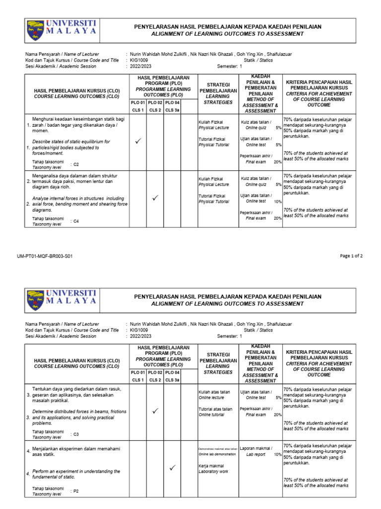 Statics Course Assessment Guide | PDF | Physics | Science