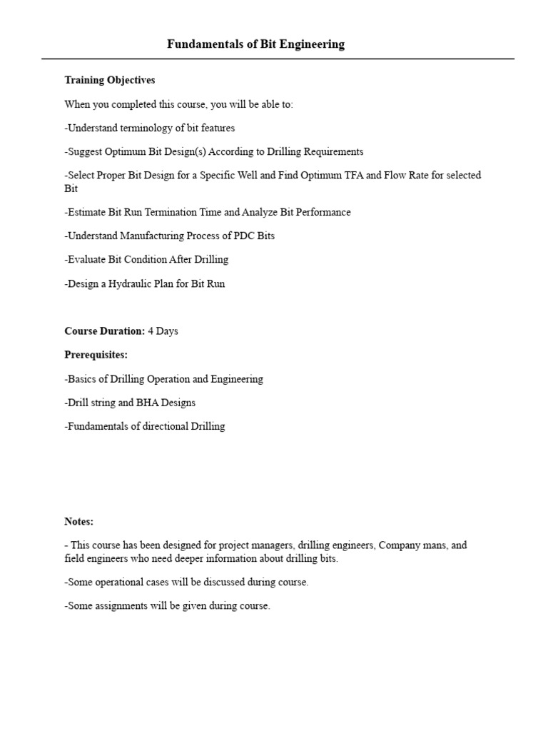 Bit Engineering Fundamentals Course | PDF | Oil Well | Engineering