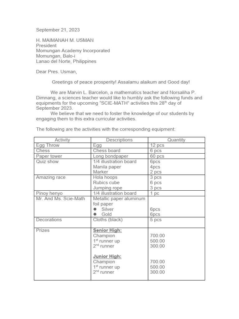 SCIE-MATH Funding Request for Activities | PDF