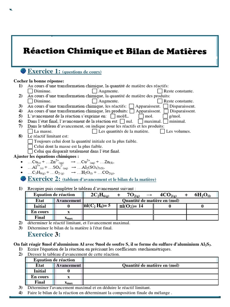Réactions chimiques et bilans de matière | PDF | Stœchiométrie | Chimie