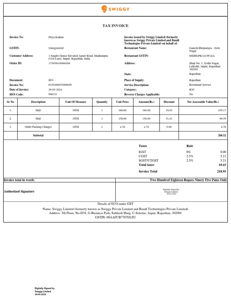 B2C Tax Invoice for Restaurant Services | PDF | Invoice | Economies