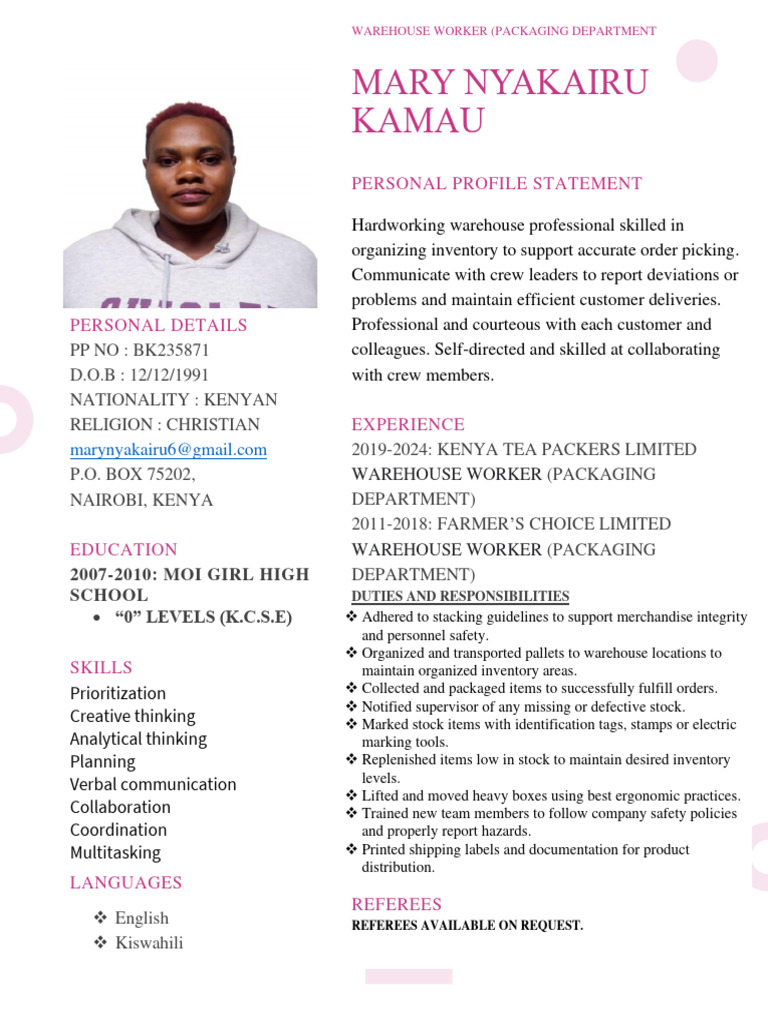 Warehouse Worker Profile - Mary Nyakairu | PDF
