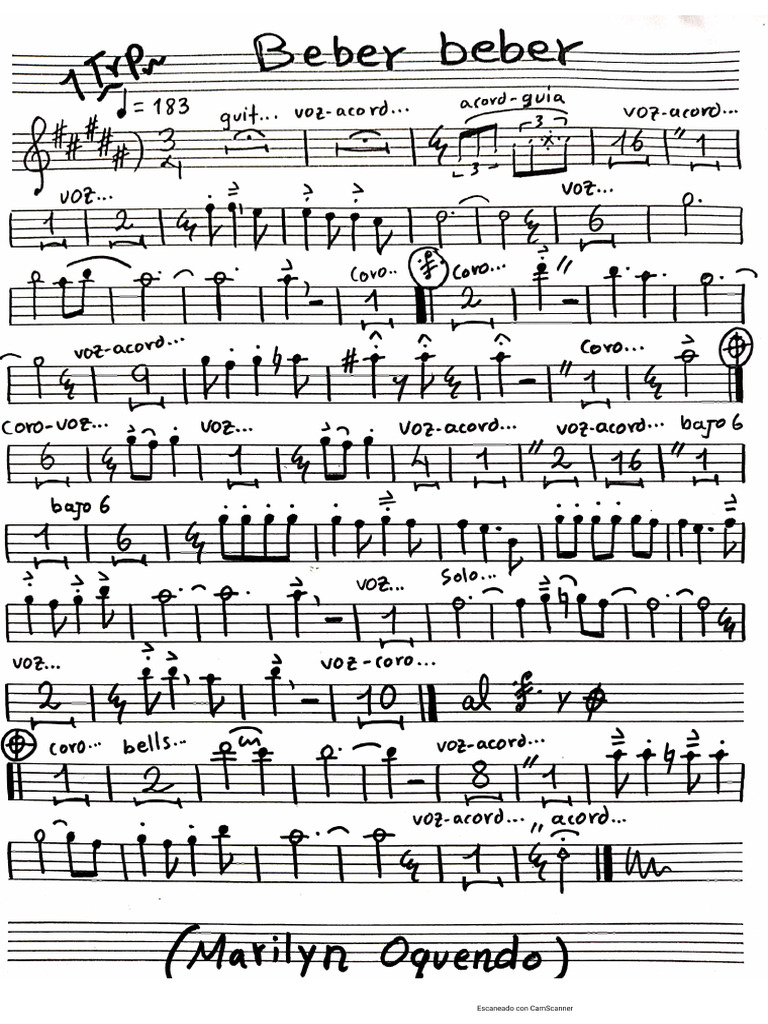 Partitura alternativa de 'Beber Beber' con arreglos distintos, mostrando la versatilidad de la canción