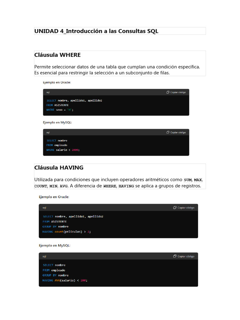 Consultas SQL: WHERE, HAVING y Operadores | PDF | SQL | Gestión de ...