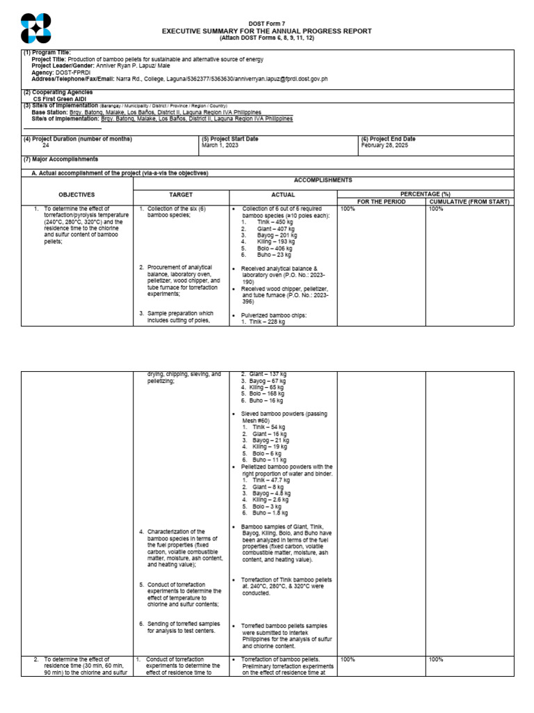 DOST Form 7: Bamboo Pellet Project Report | PDF