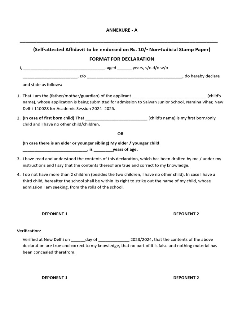 First Born Child Affidavit Format Delhi | PDF