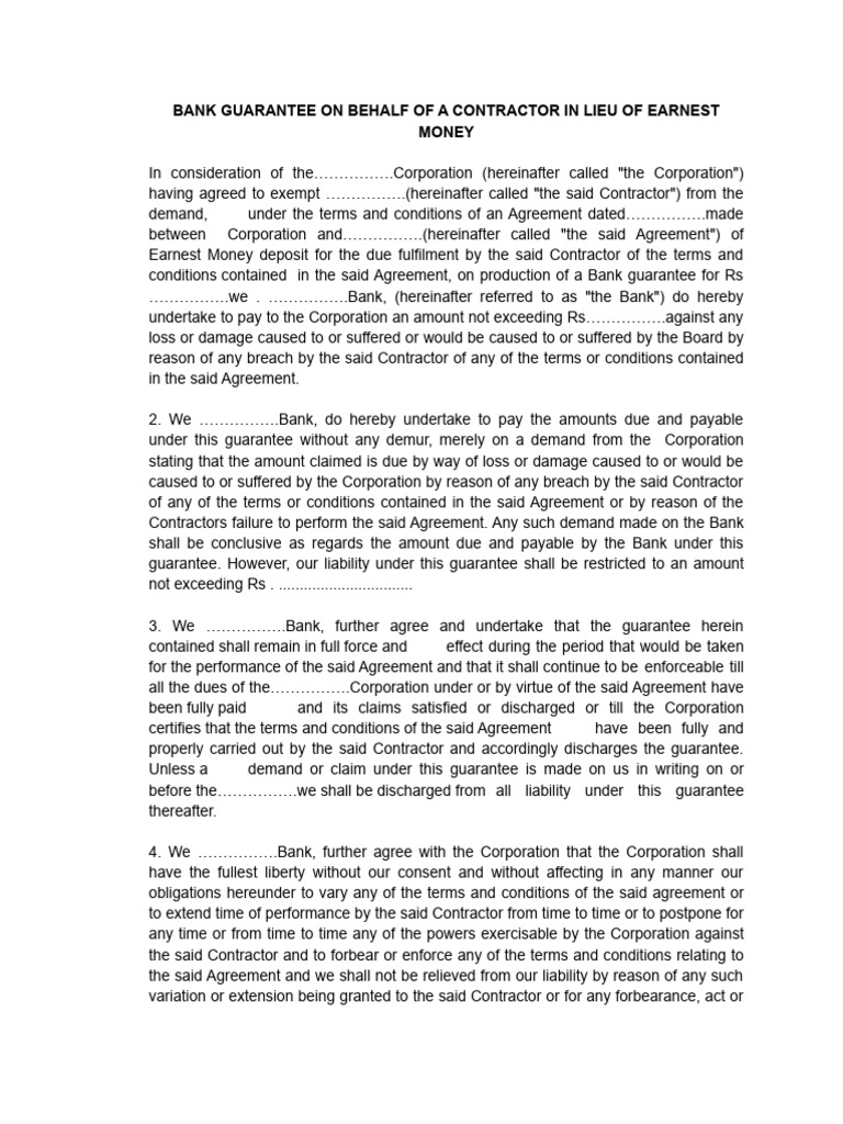 Bank guarantee on behalf of a contractor in lieu of earnest money pdf