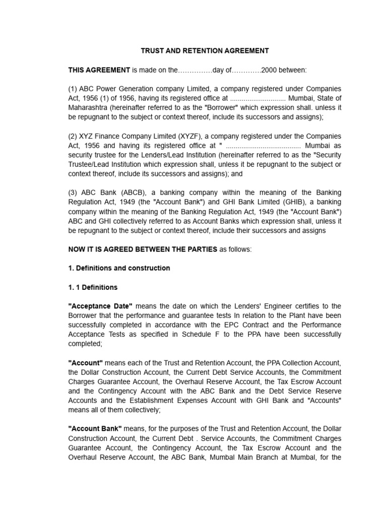 Trust and Retention Account Agreement | PDF | Debt | Loans