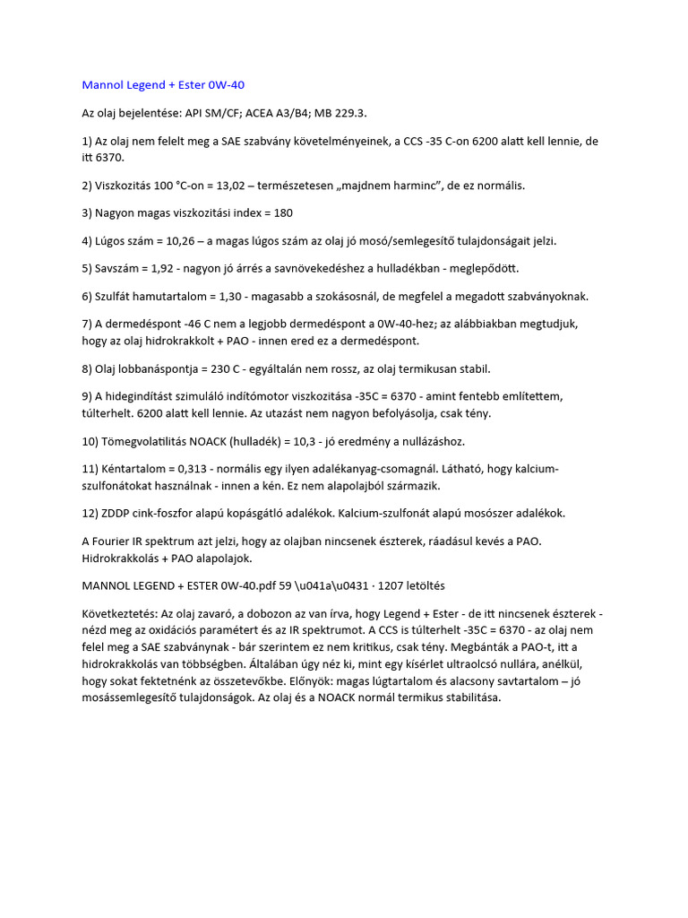 Mannol Legend+ Ester 0w40 | PDF