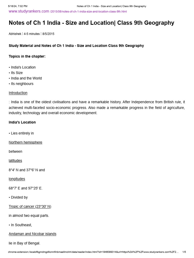 Notes of CH 1 India Size and Location Class 9th Geography