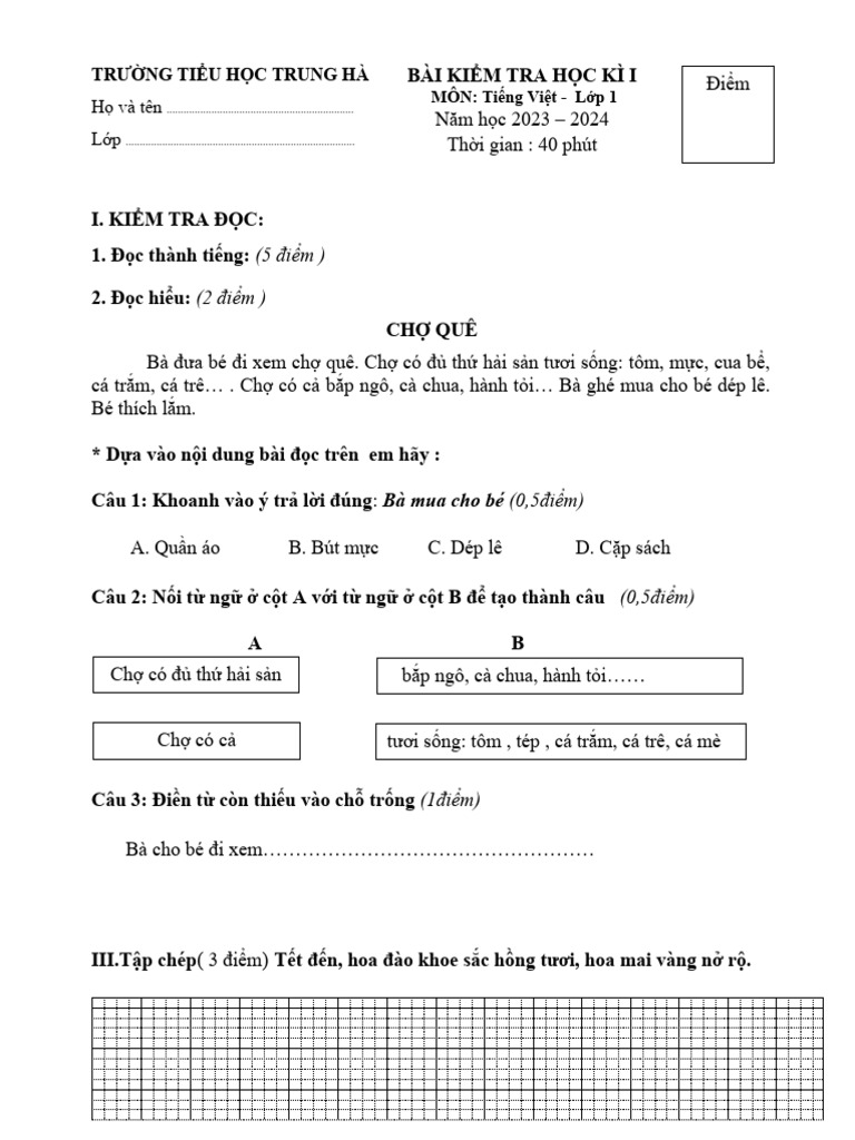 DE KT TIENG VIET - HK I - Lop 1 | PDF