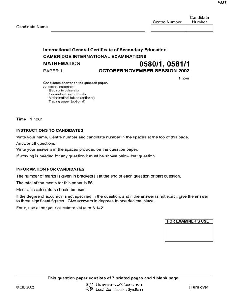 November 2002 qp paper 1 cie maths igcse pdf mathematics