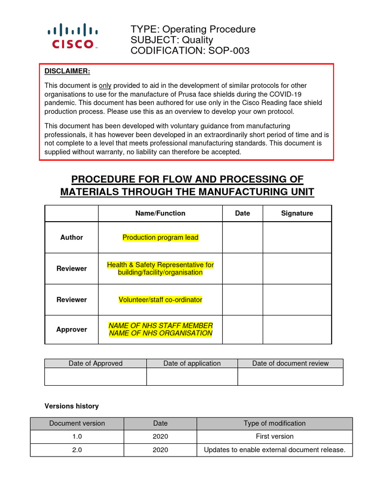 SOP 003 Flow of Materials in The Manufacturing Unit Download Free PDF