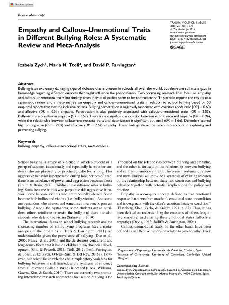 Empathy and Callous Traits in Bullying Roles | PDF | Empathy | Bullying