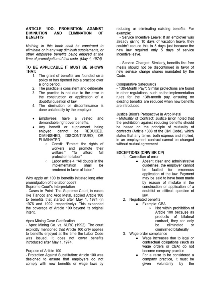 Employee Benefits Protection Under Article 100 | PDF | Collective ...