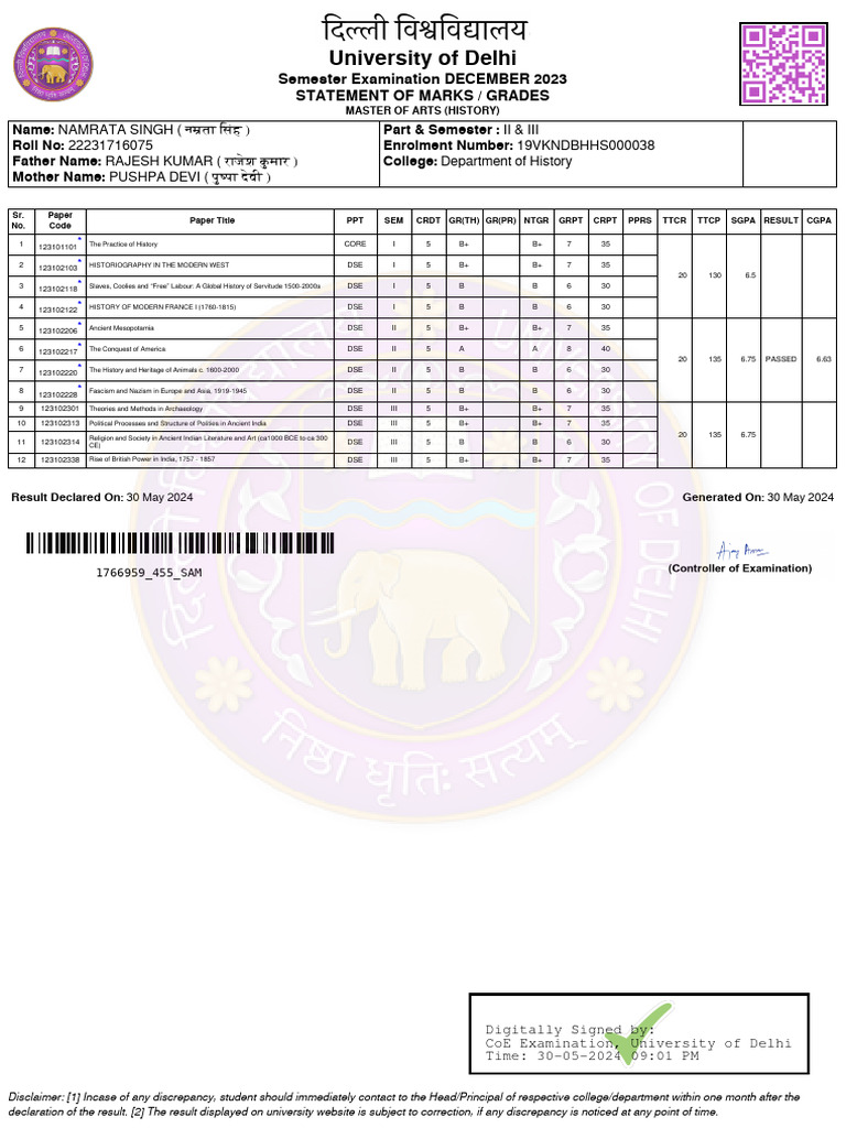 University of Delhi: Semester Examination DECEMBER 2023 Statement of ...