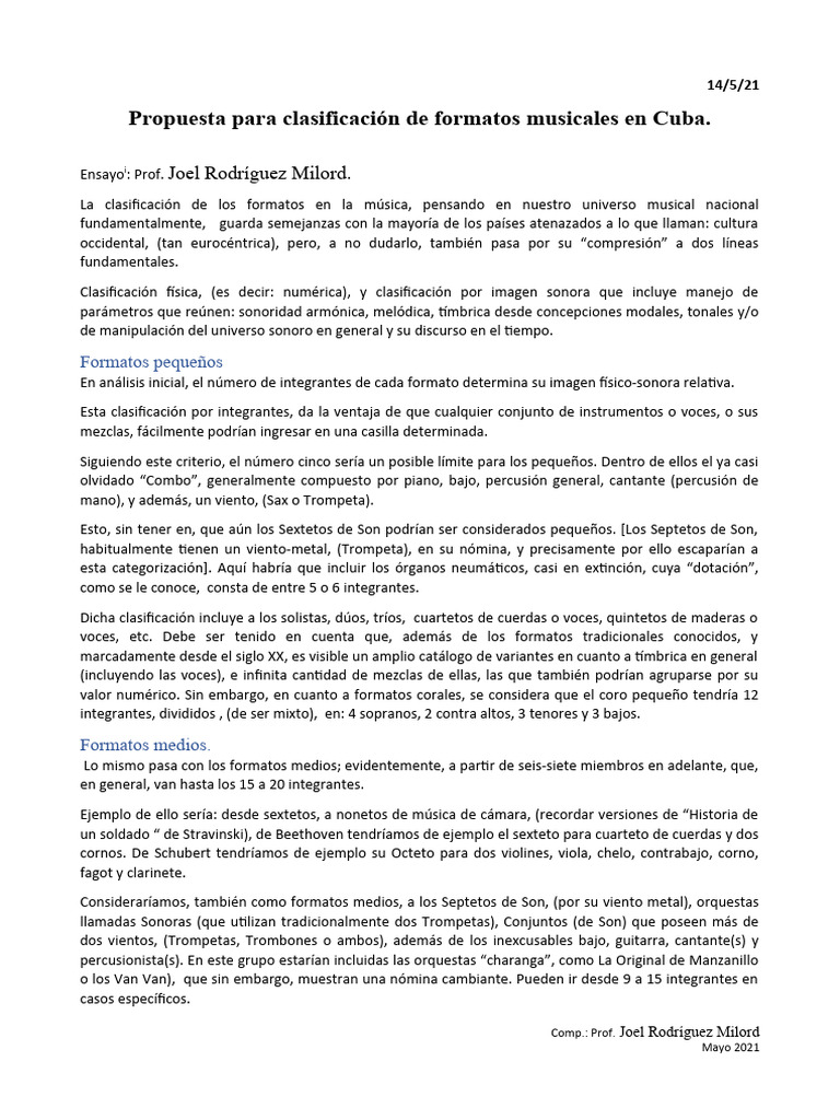 Clasificación de Formatos Musicales en Cuba | PDF | Orquestas | Música ...