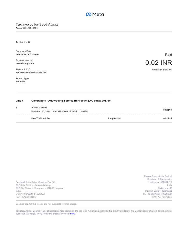 Tax Invoice for Meta Ads - Syed Ayaaz | PDF | Economies | Taxation