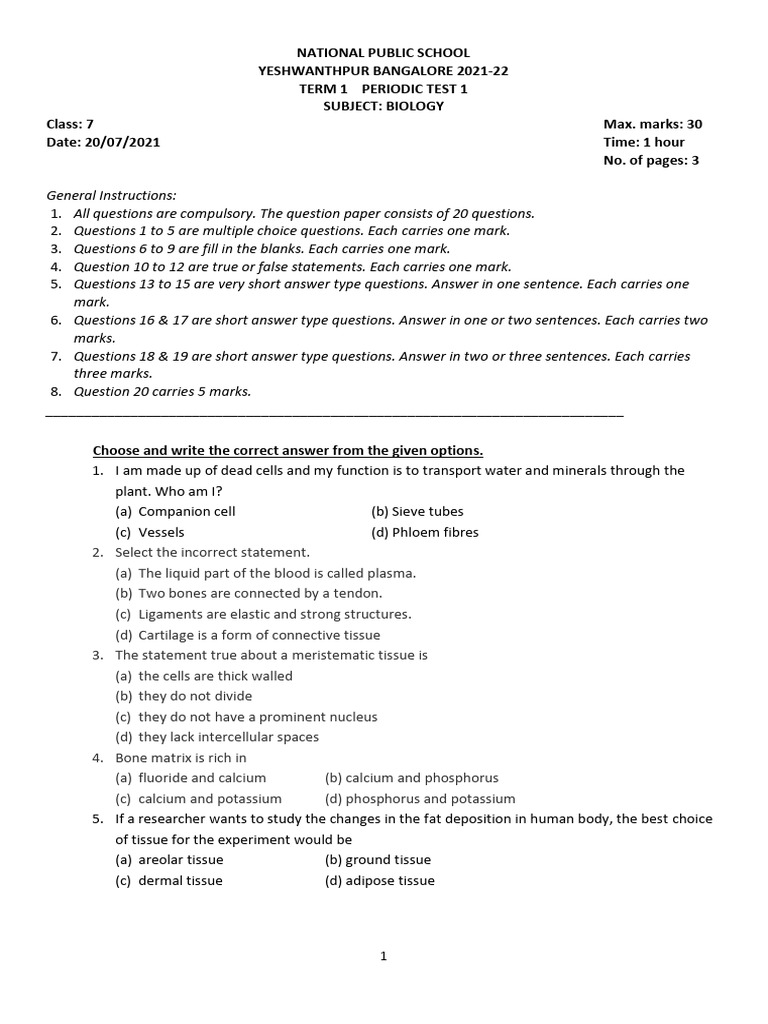 Class 7 BIO PT1 QP 2021-22 | Download Free PDF | Tissue (Biology ...