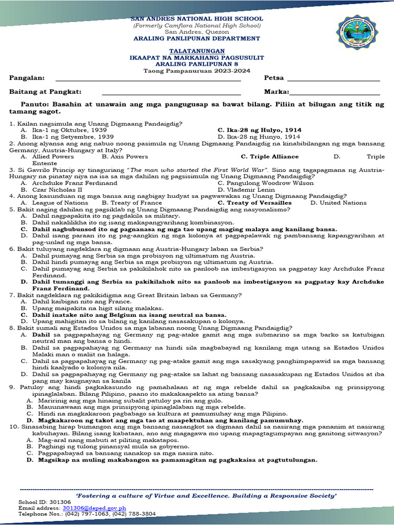 Ap 8 Q4 Exam | PDF