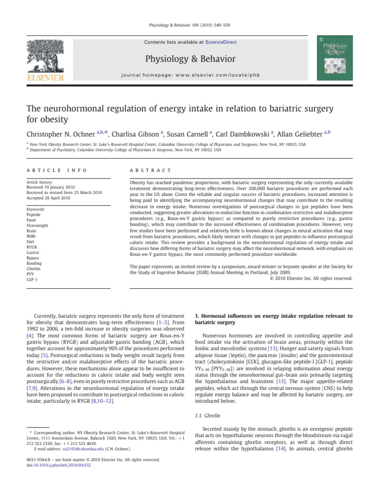 The Neurohormonal Regulation of Energy I | PDF | Bariatric Surgery ...