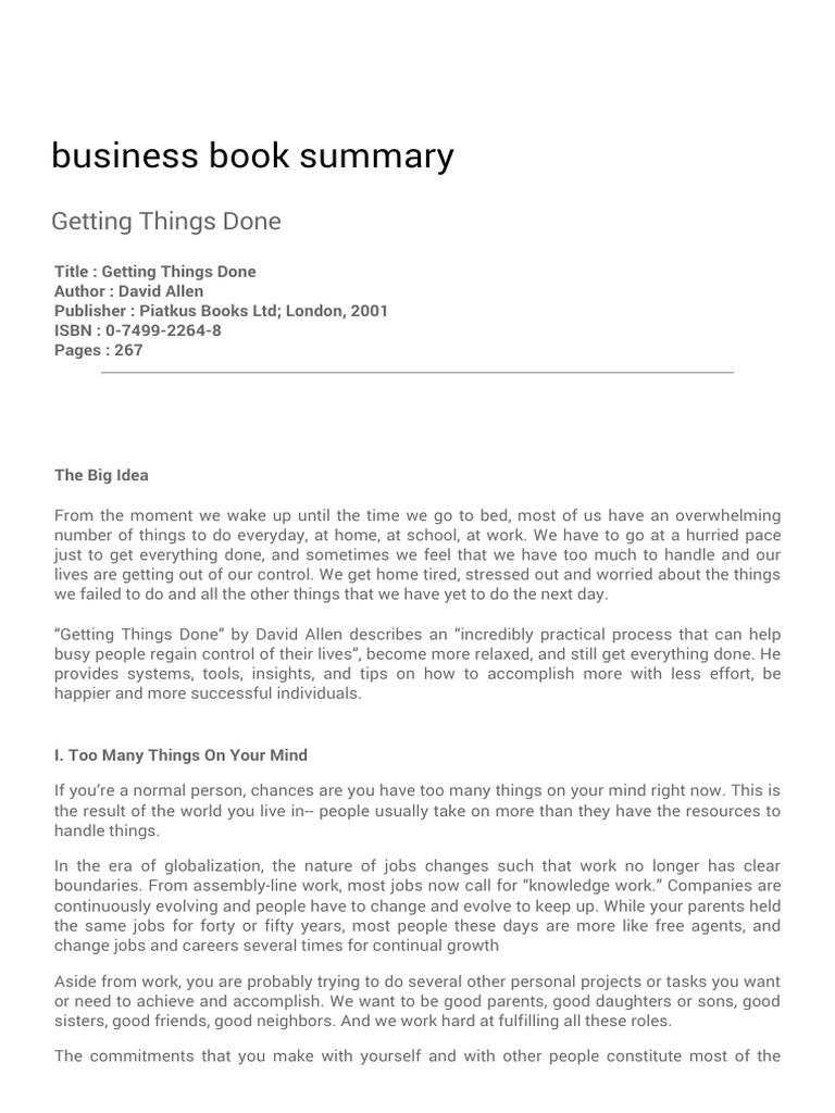 Business Book Summary Getting Things Done PDF Brainstorming Mind
