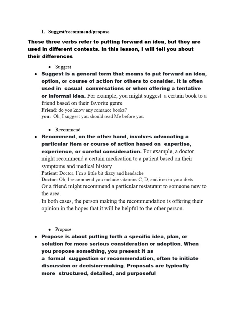 Differences Between Suggest, Recommend, Propose | PDF | Verb | Grammar