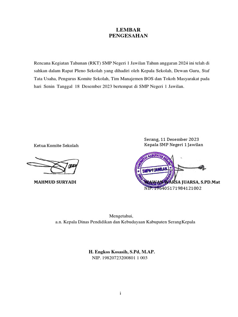 Lembar Pengesahan RKT SMP 2024 | PDF