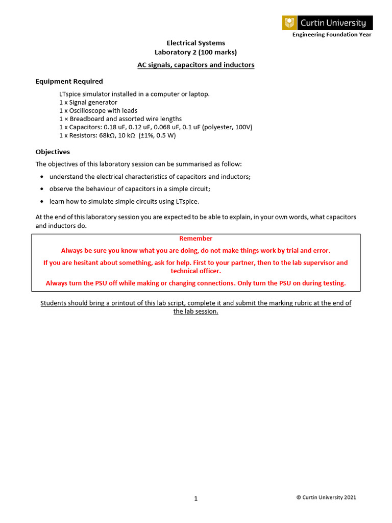 Electrical Lab: Capacitors & Inductors | PDF | Phase (Waves ...