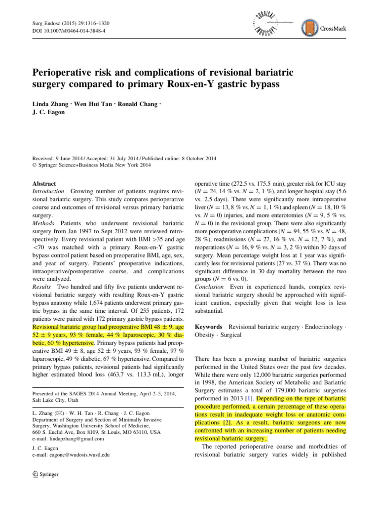 Perioperative Risk and Complications of Revisional Bariatric Surgery ...