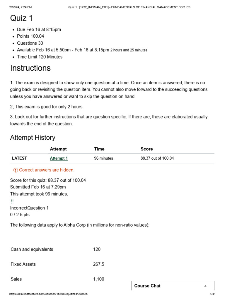 Quiz 1 - 1232 - INFIMAN - ER1 FUNDAMENTALS OF FINANCIAL MANAGEMENT FOR ...