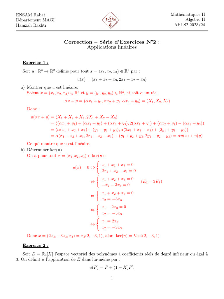 Exercices Corrigés sur Applications Linéaires | PDF | Objets ...