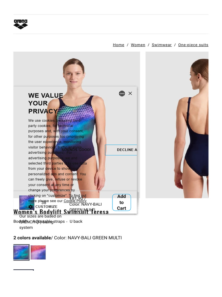 Costume Intero Arena Bodylift Teresa Donna - Modellante, Coppa B, Tessuto Sensitive® Riciclato, Retro A U, Per Piscina E Mare