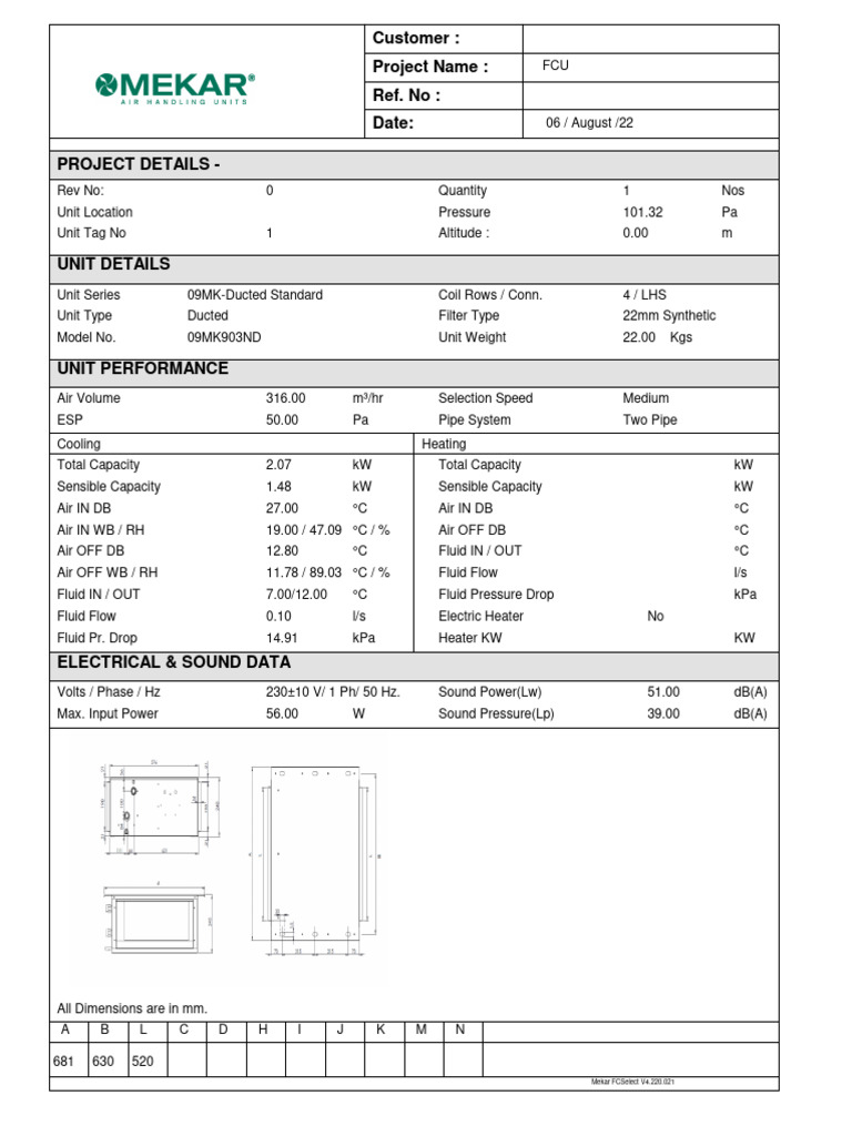 Mekar FCU Specifications and Data Sheet | PDF | Decibel | Pressure