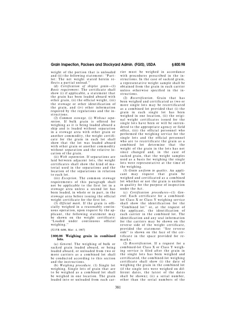 Grain Inspection, Packers and Stockyard Admin. (FGIS), USDA 800.98 ...