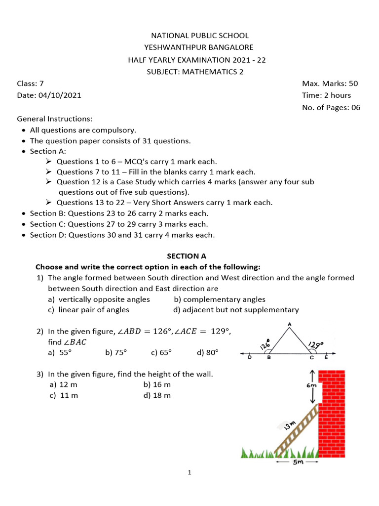 Class 7 Mathematics Half-Yearly Exam | PDF | Triangle | Euclidean Geometry