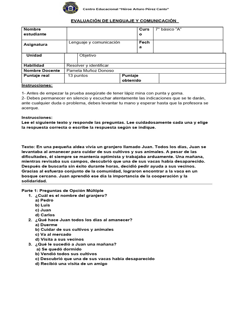 Evaluación de Lenguaje 7° Básico A | PDF | Artes del Lenguaje y ...