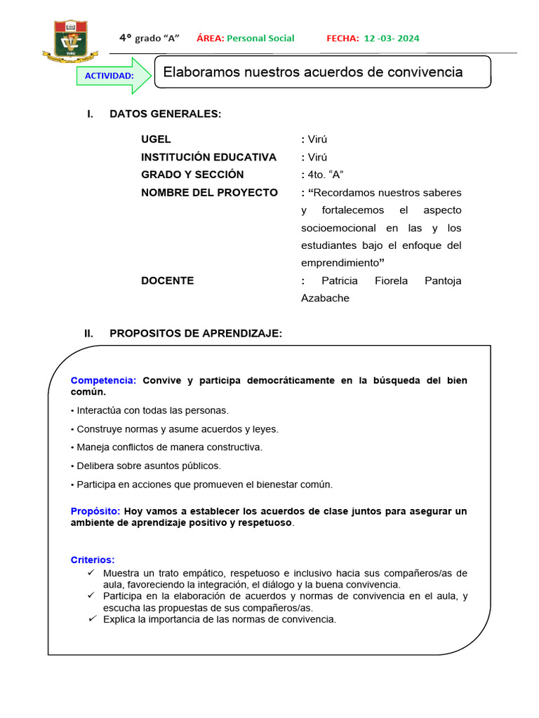 Acuerdos de Convivencia en Aula 4° A | PDF | Salón de clases | Enseñando