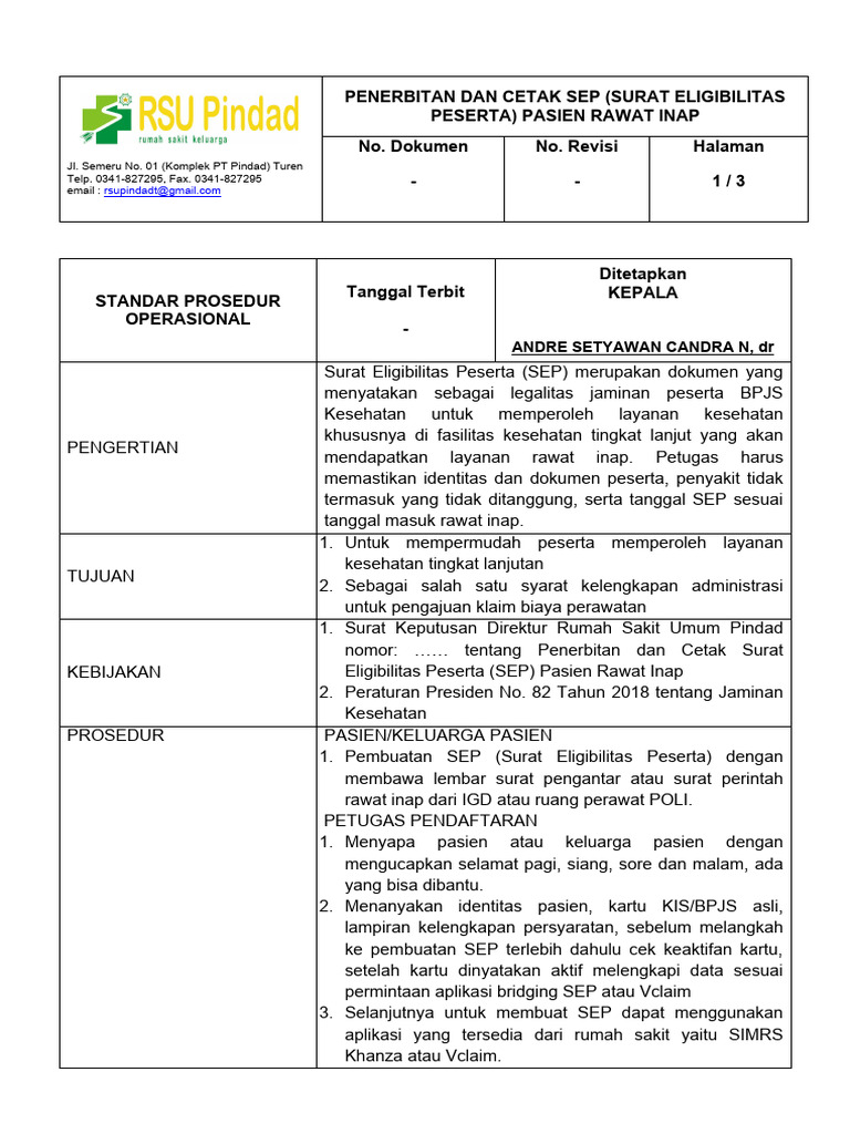 Standar Prosedur Operasional Penerbitan Dan Cetak Sep Ranap | PDF