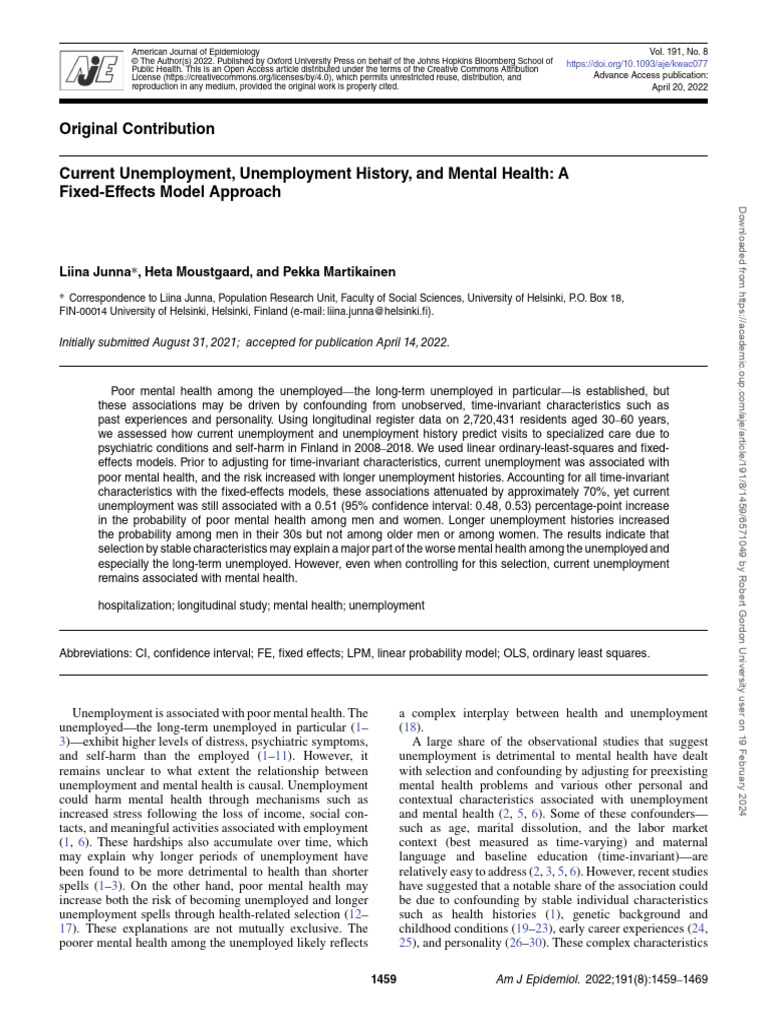 Unemployment Mental Health | PDF | Mental Disorder | Unemployment