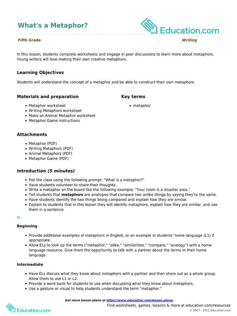 Metaphor Lesson Plan for Fifth Graders | PDF | Metaphor | Lesson Plan