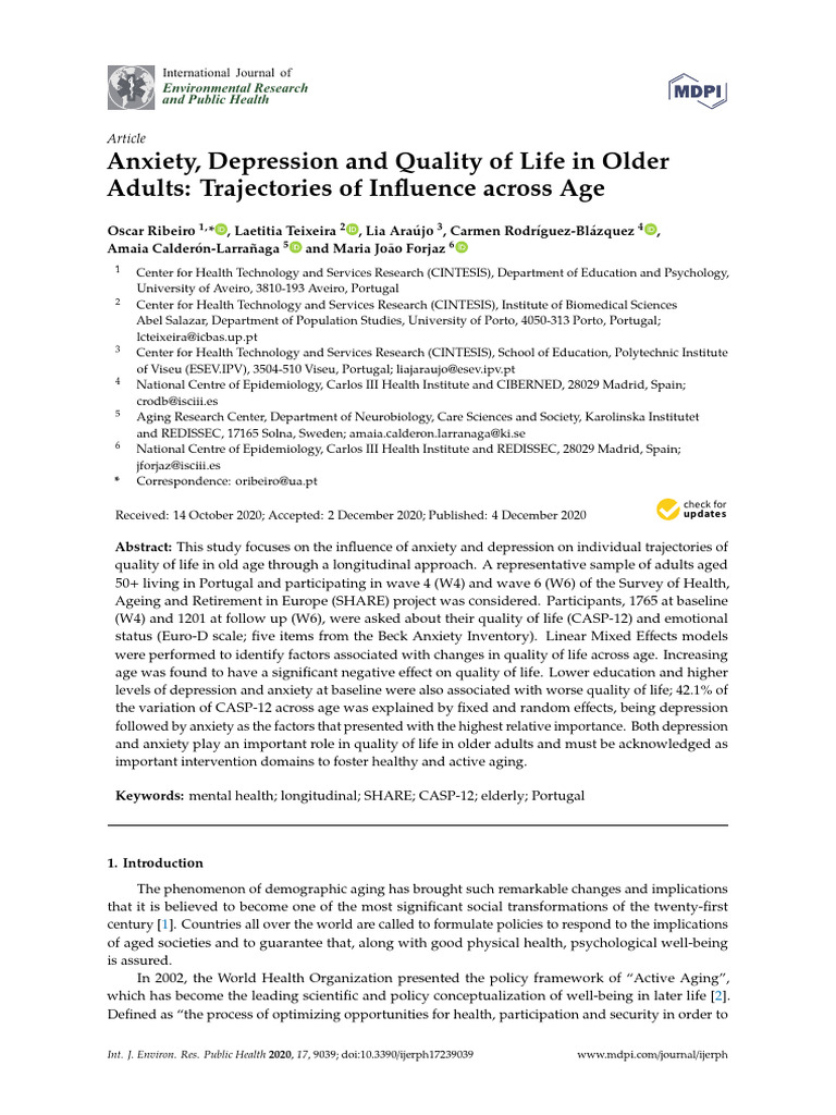 Anxiety, Depression, and Quality of Life in Seniors | PDF | Ageing ...