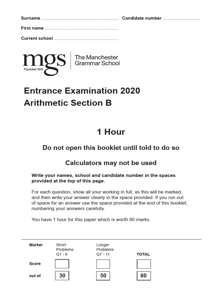 MGS Entrance Exam 2020: Arithmetic Section | PDF | Mathematics