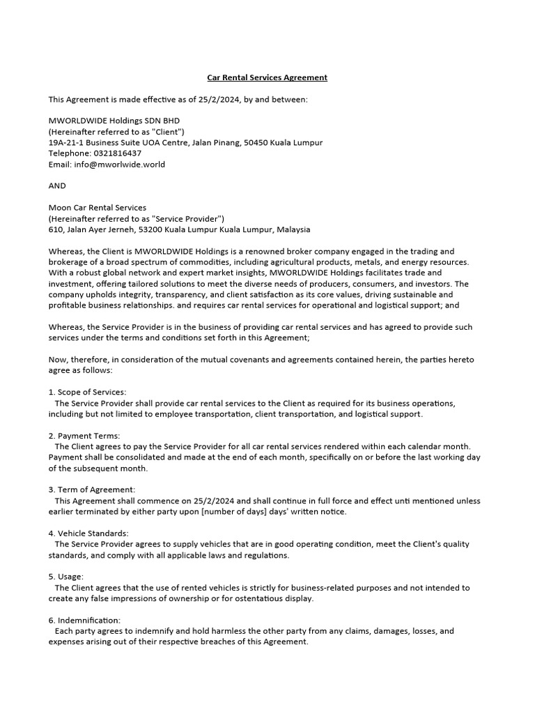Car Rental Services Agreement | PDF | Indemnity | Business Law