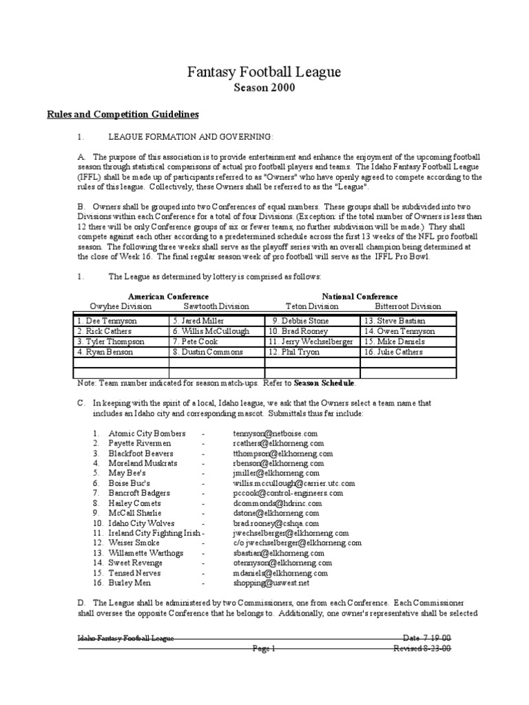Fantasy Football League Season 2000 PDF Touchdown National