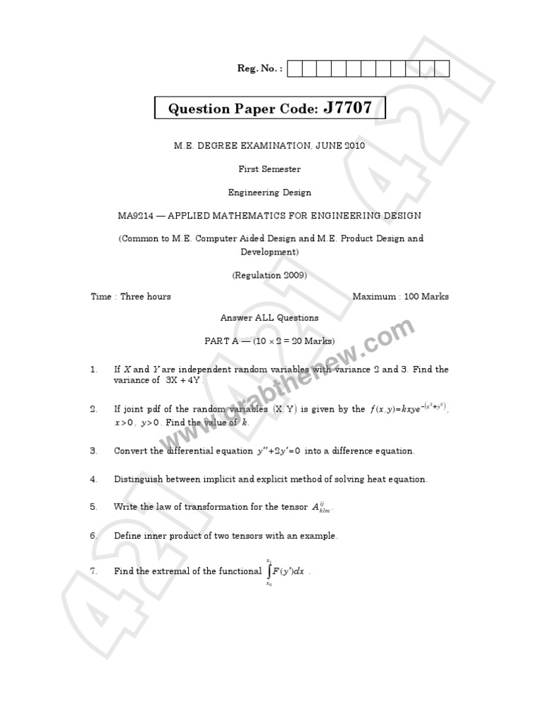 M.E. Exam: Applied Math for Eng. Design | PDF | Probability Density ...