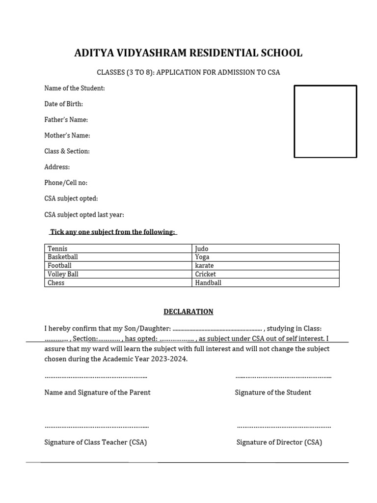 CSA Admission Form for Grades 3-8 | PDF | Career & Growth | Sports ...