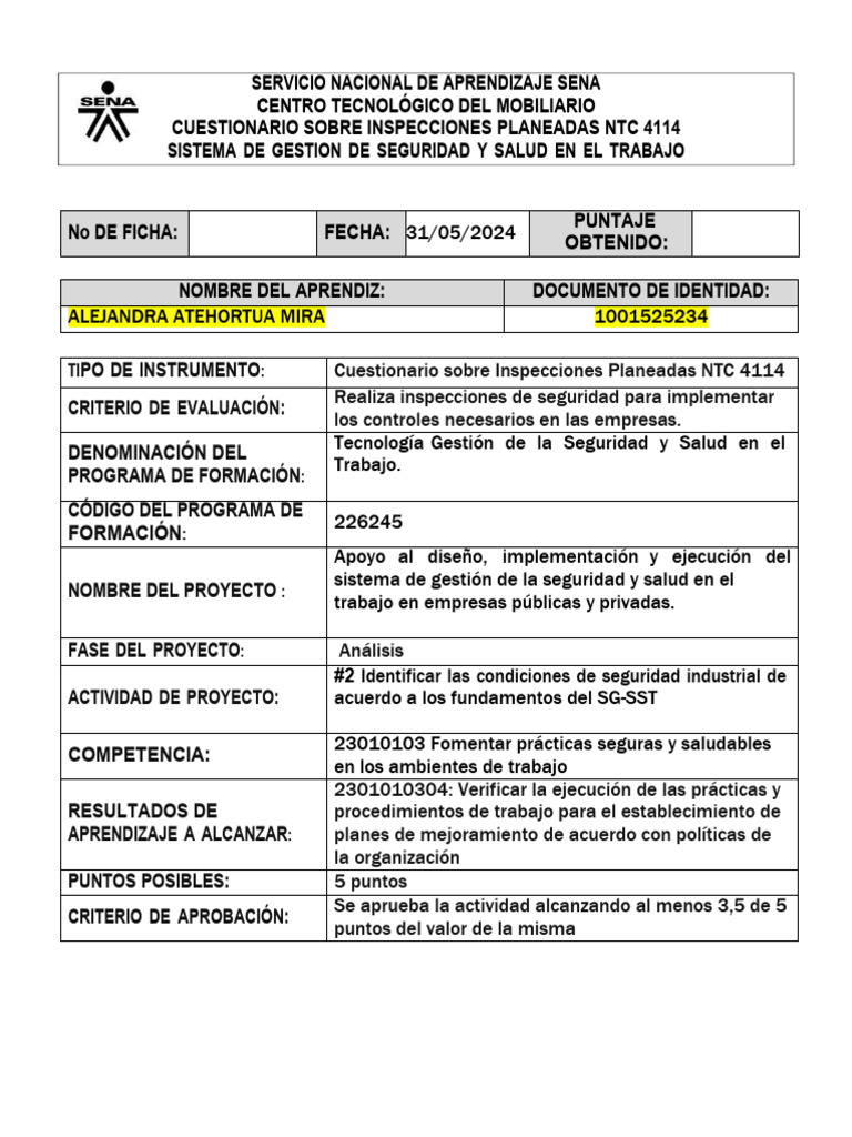 Cuestionario NTC 4114 - Alejandra Atehortua | PDF | Business | Valores