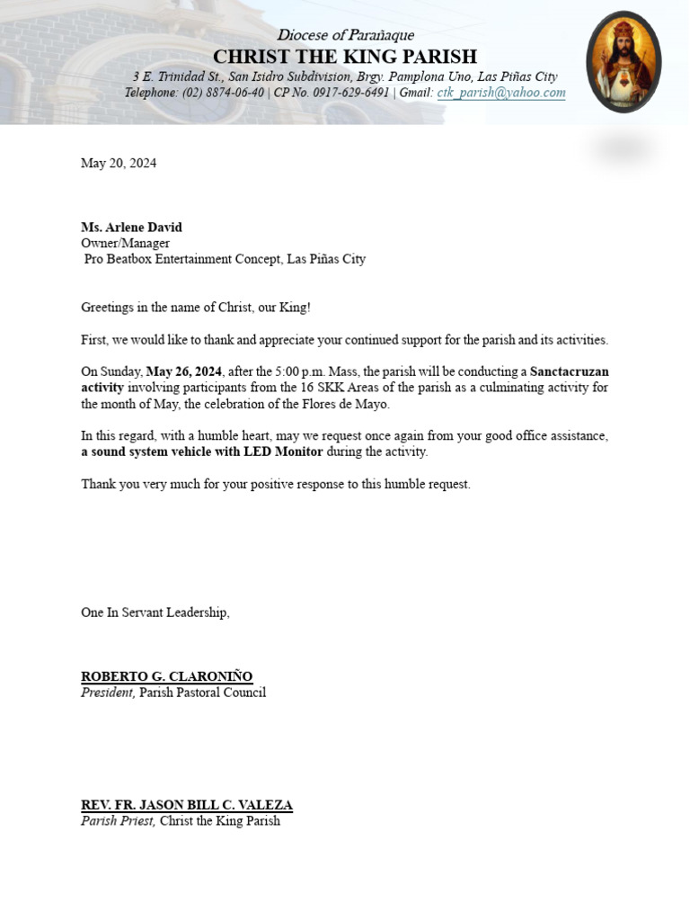 Request for Support: Flores de Mayo | PDF | Parish | Catholic Church